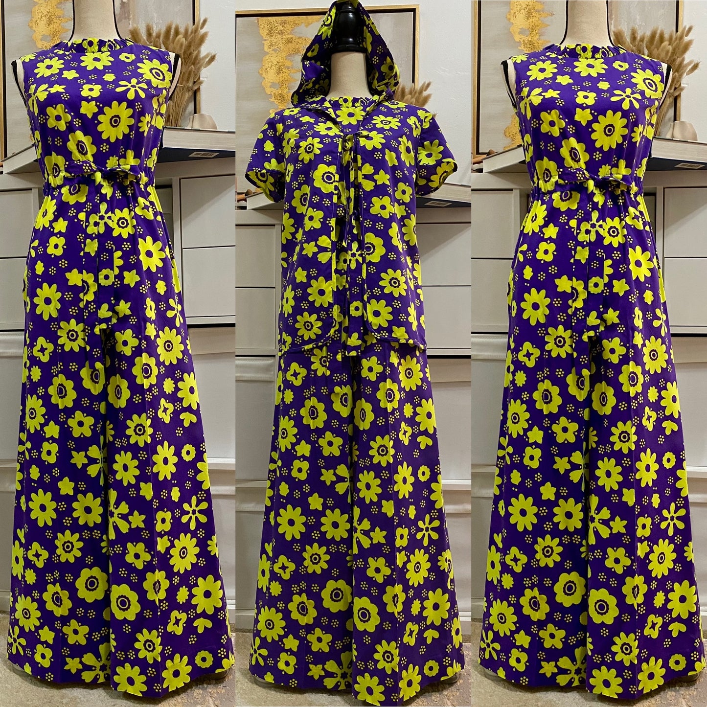 60's - 70's Cotton Floral Wide Leg 2pc Hooded Jumpsuit (XS-M)