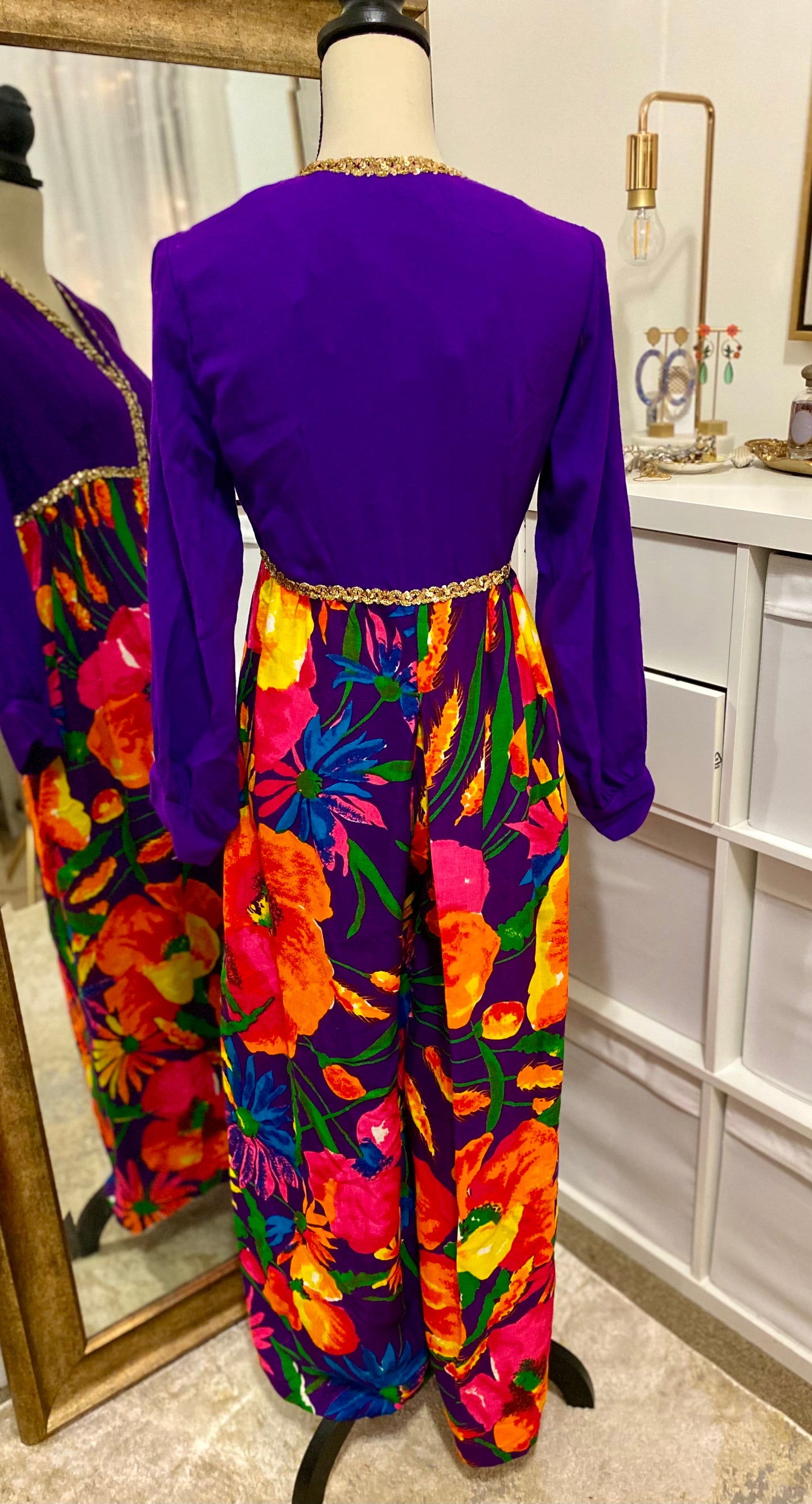 70's Floral Palazzo Jumpsuit with Gold Trim (S)