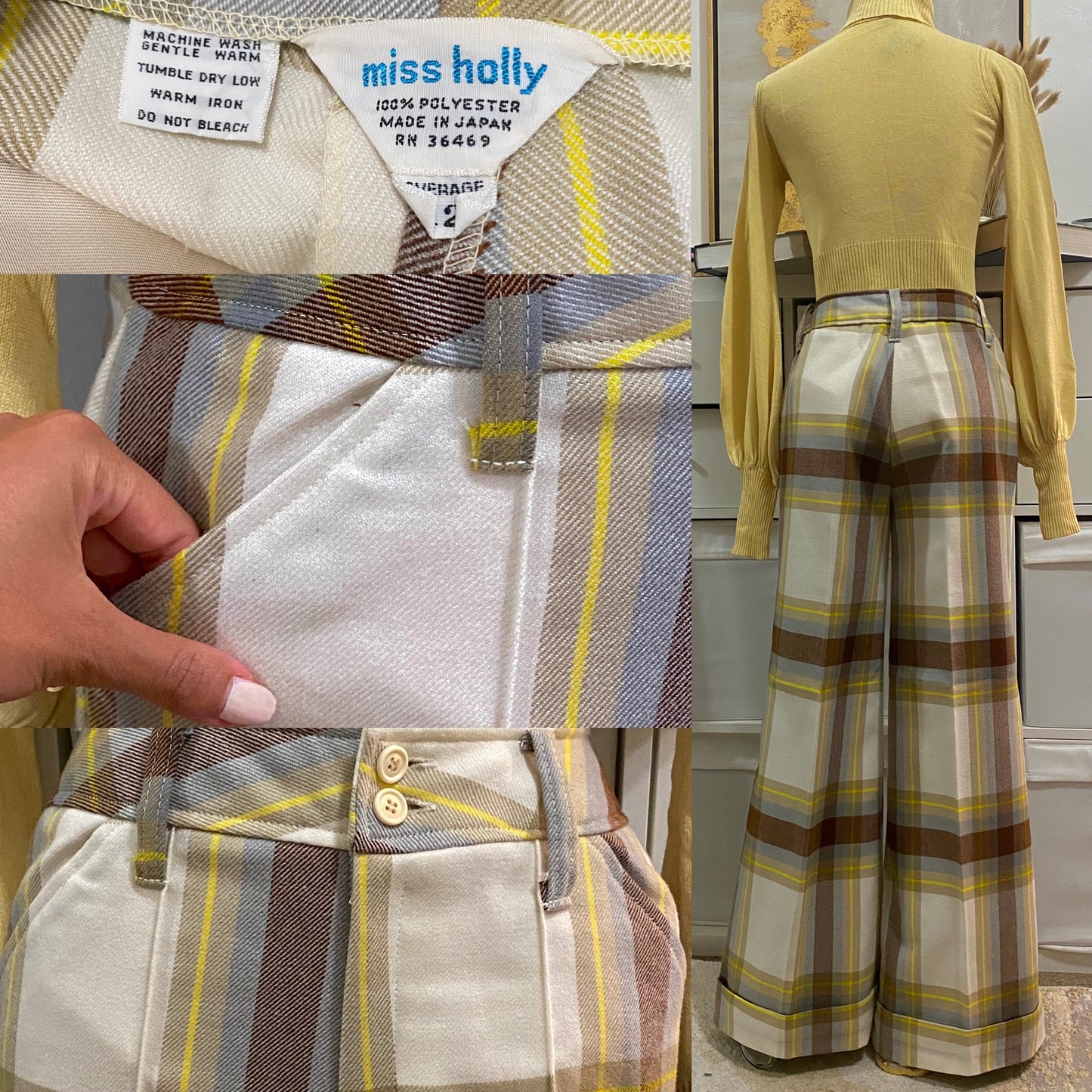 70's Mid-High Rise Plaid Bell Bottom Pant (M)