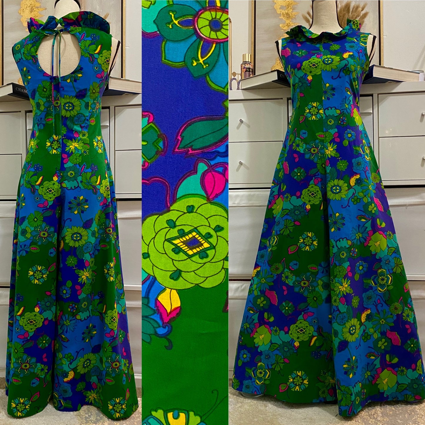 70s Psychedelic Wide Leg Abstract Floral Jumpsuit (S)