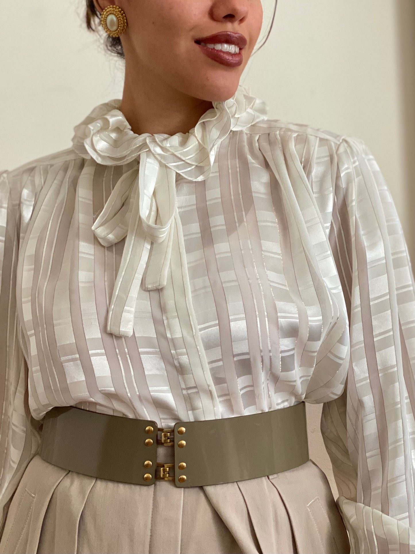 Elegant Ruffle high mock neck puffy Secretary Career Style blouse