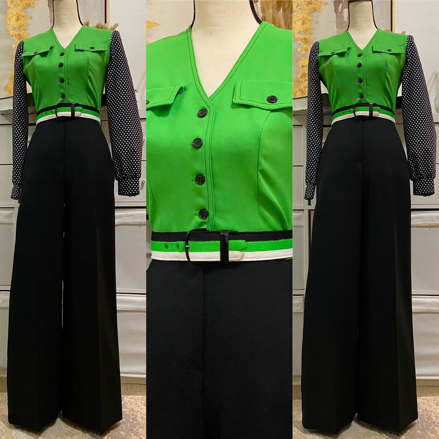 70s polka dot wide leg jumpsuit (XS-S)