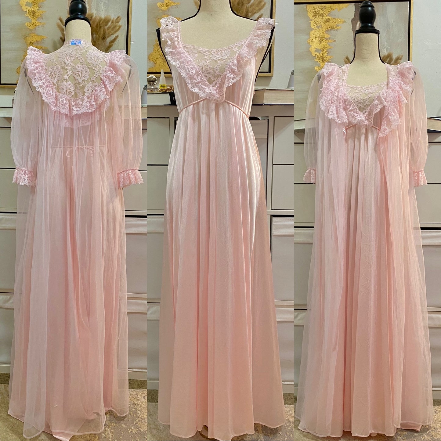 80’s Blush Pink Satin & Lace Peignoir 2-Piece Set (S-M)