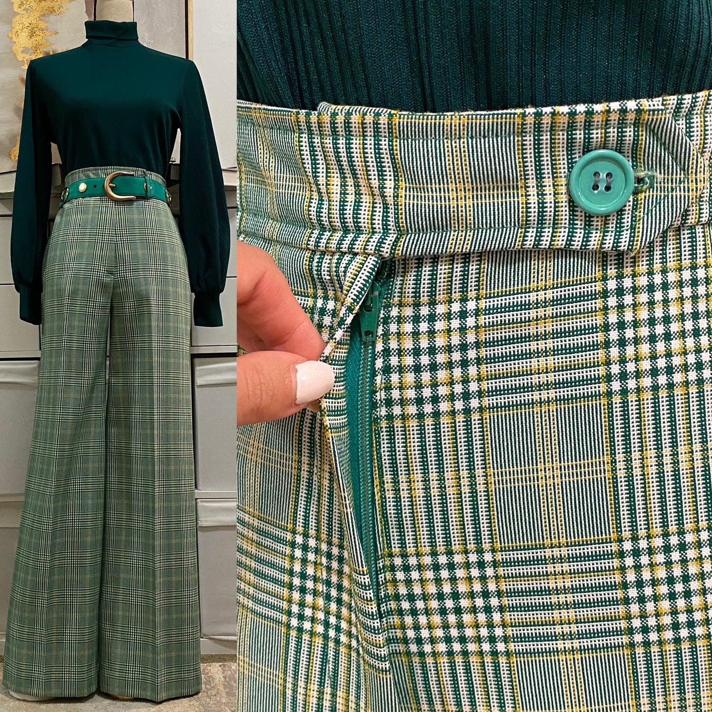 70's Green Plaid 2Pc Wide Leg Pantsuit (M,29"W)