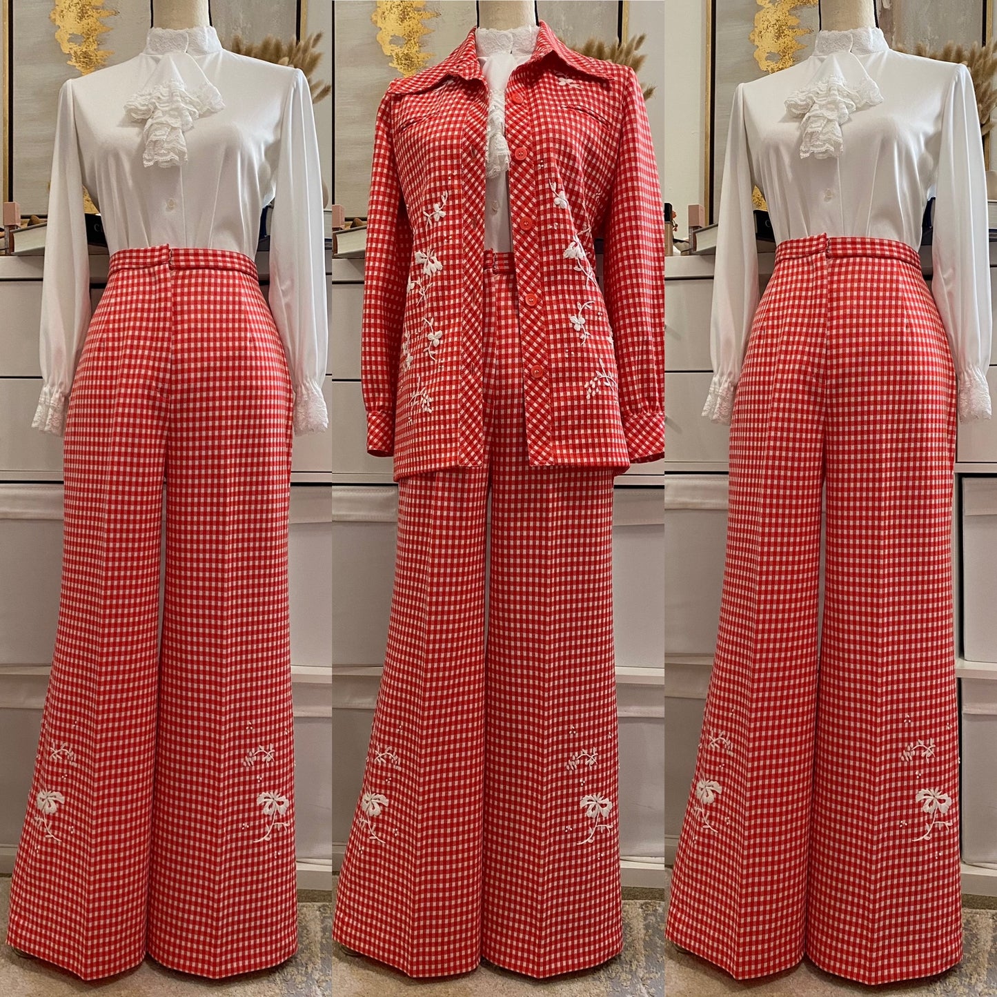 70's Floral Gingham Wide Leg 2pc Pantsuit (S-M)