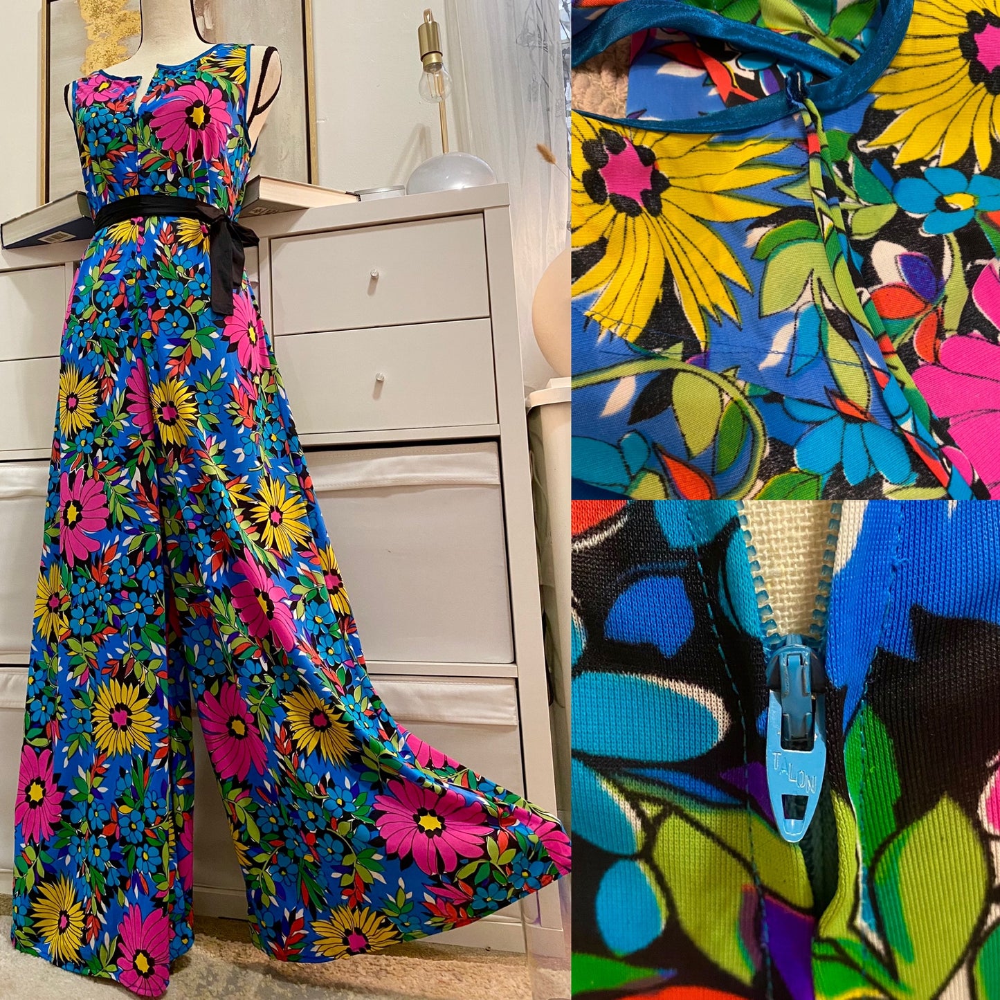 70's Bright Floral Wide Leg Jumpsuit (M-L)