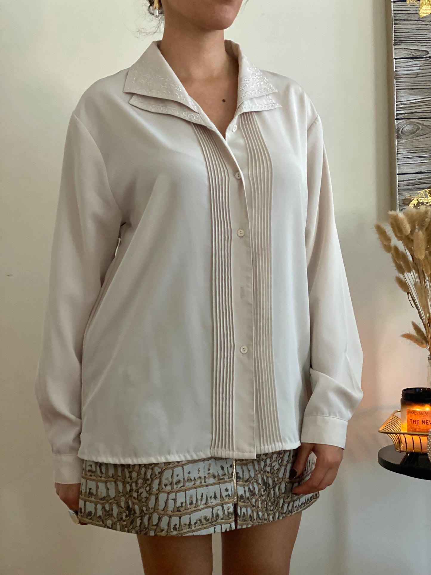 Floral Trim Tuxedo Style Collar Blouse