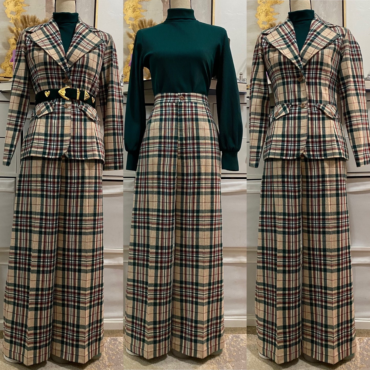 70's Autumnal Plaid 2PC Pantsuit (M, 28"-29"W)