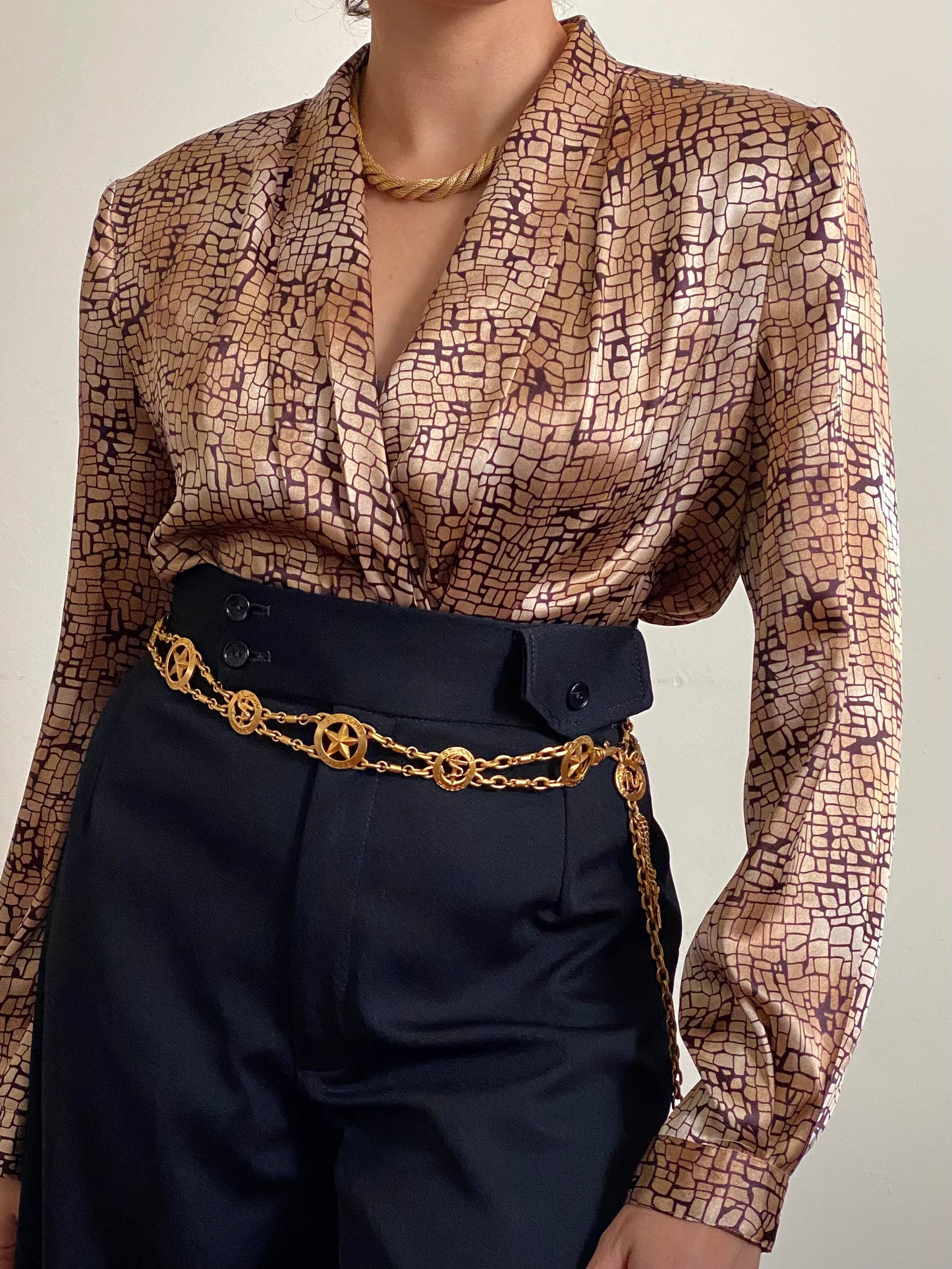 80's Golden Brown Abstract Draped Blouse (M)