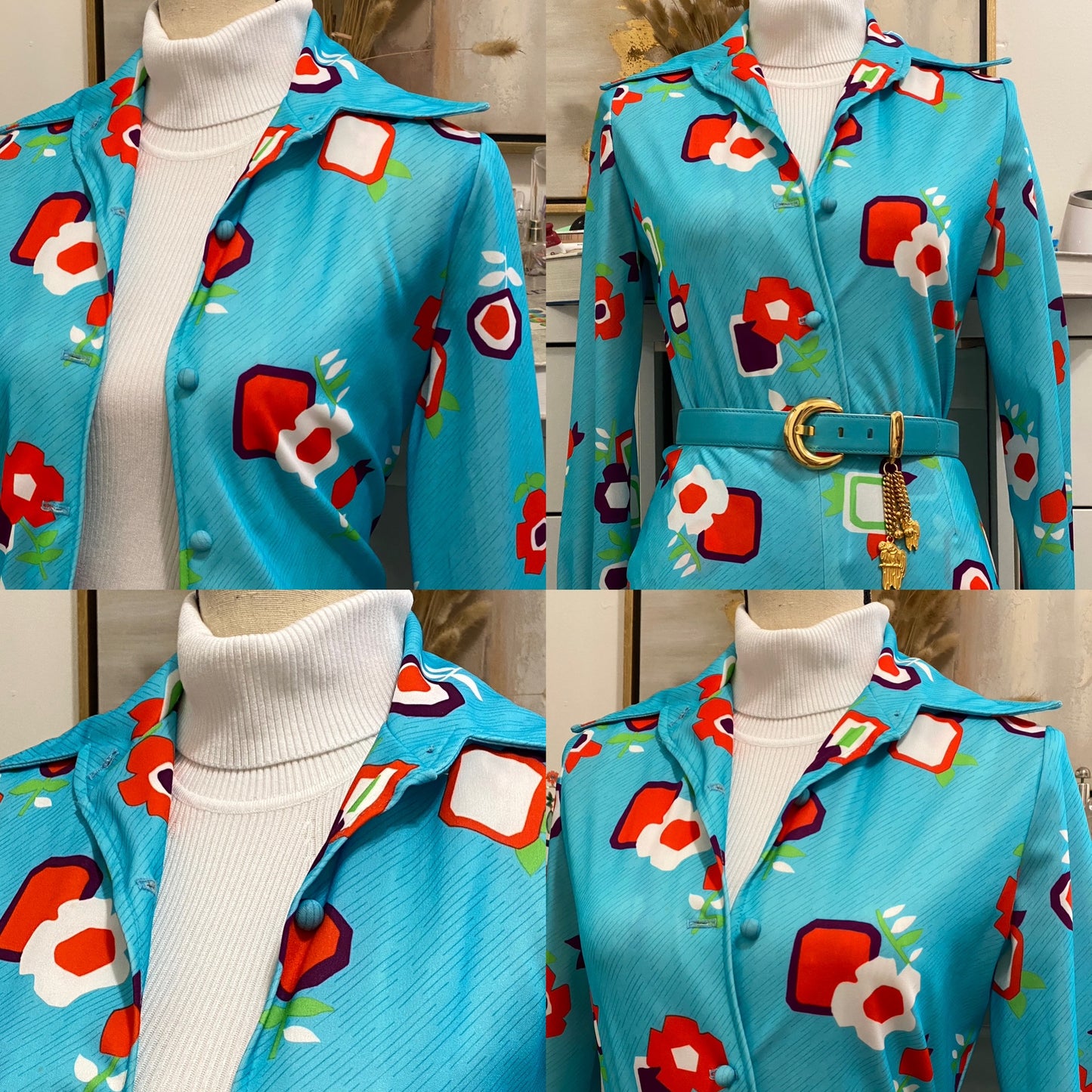 70's 2PC Floral - Geometric Wide Leg Flare Pantsuit (XS-S, 20"W-29"W)