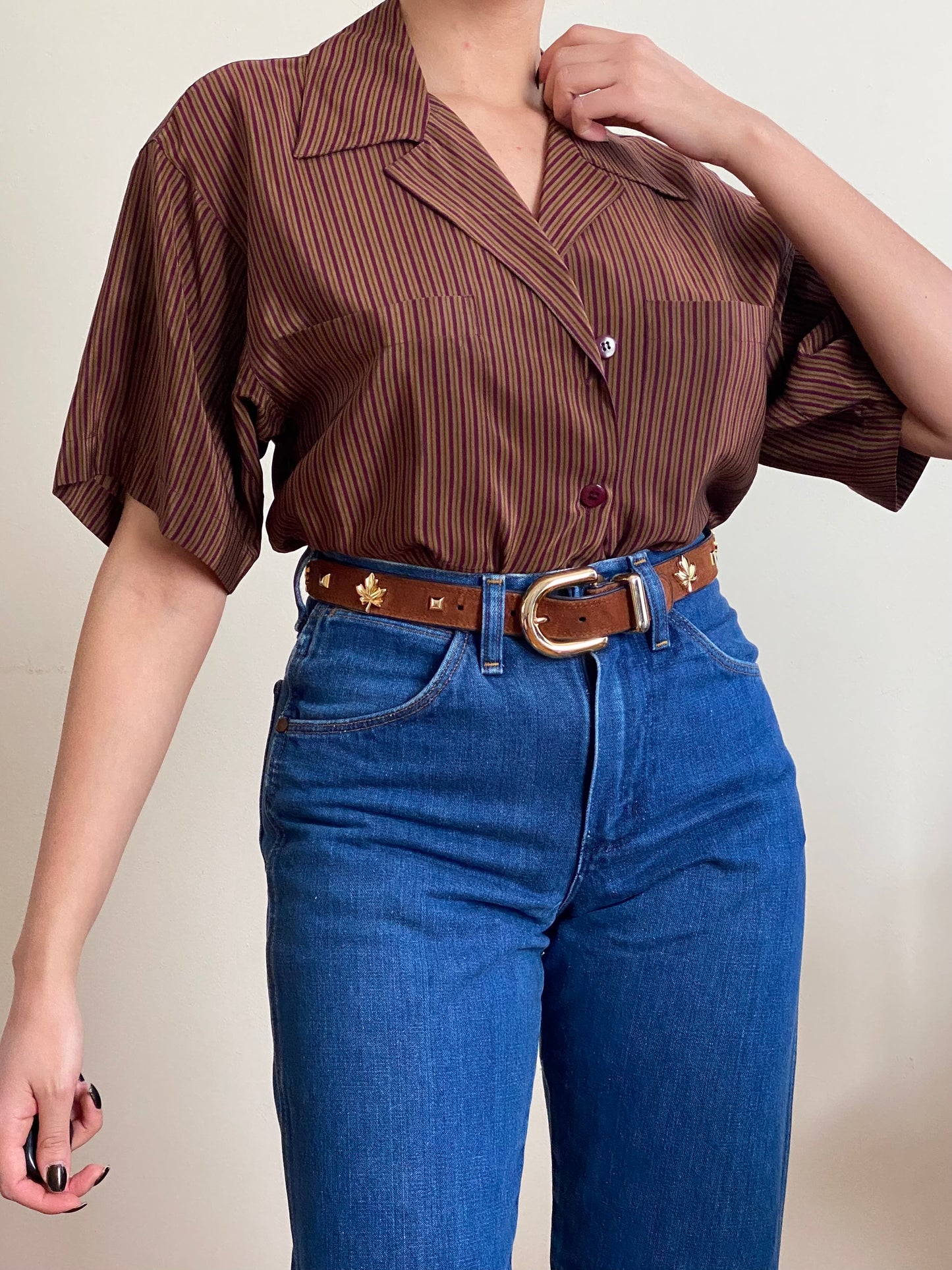 Silk Striped Short Sleeve Button Down Blouse (S-M)