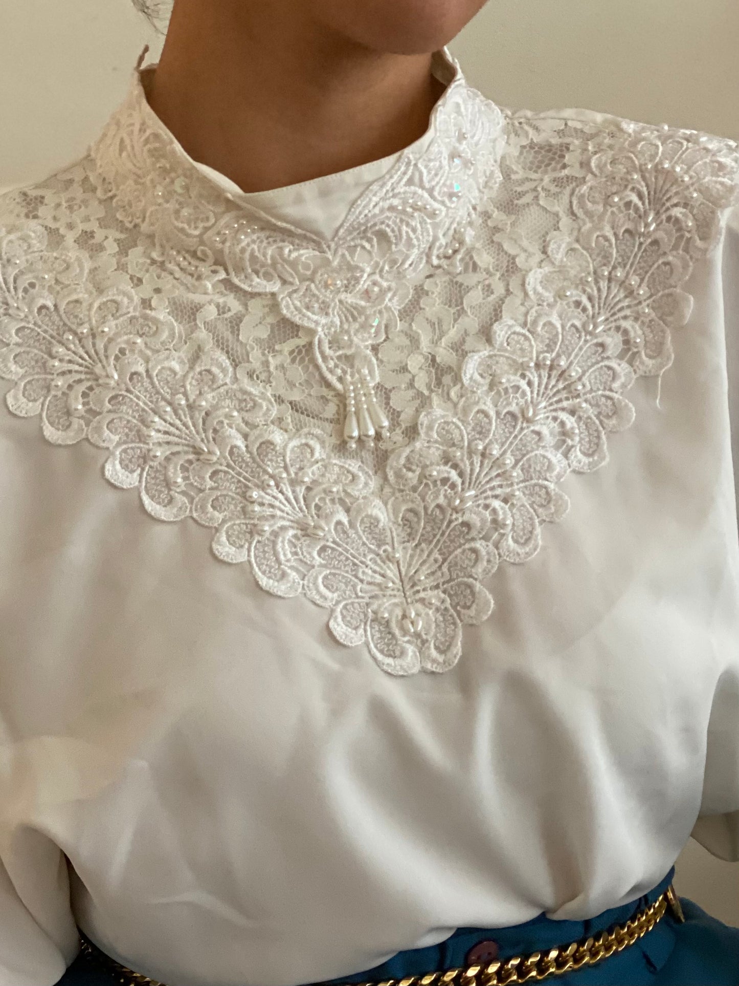 Lace & Pearl Accents Long Sleeve Blouse