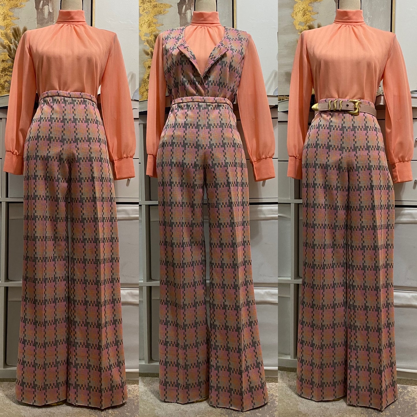 60's-70's Faded Pastel 2Pc Vest Pantsuit (M, 28"-33"W)