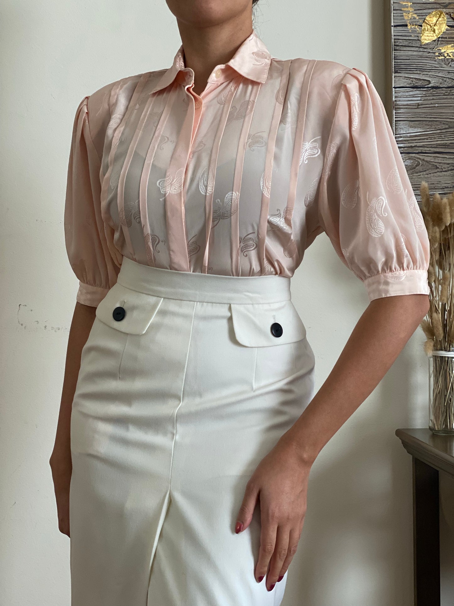 Button down Paisley Design Puff Short Sleeve Blouse (S)