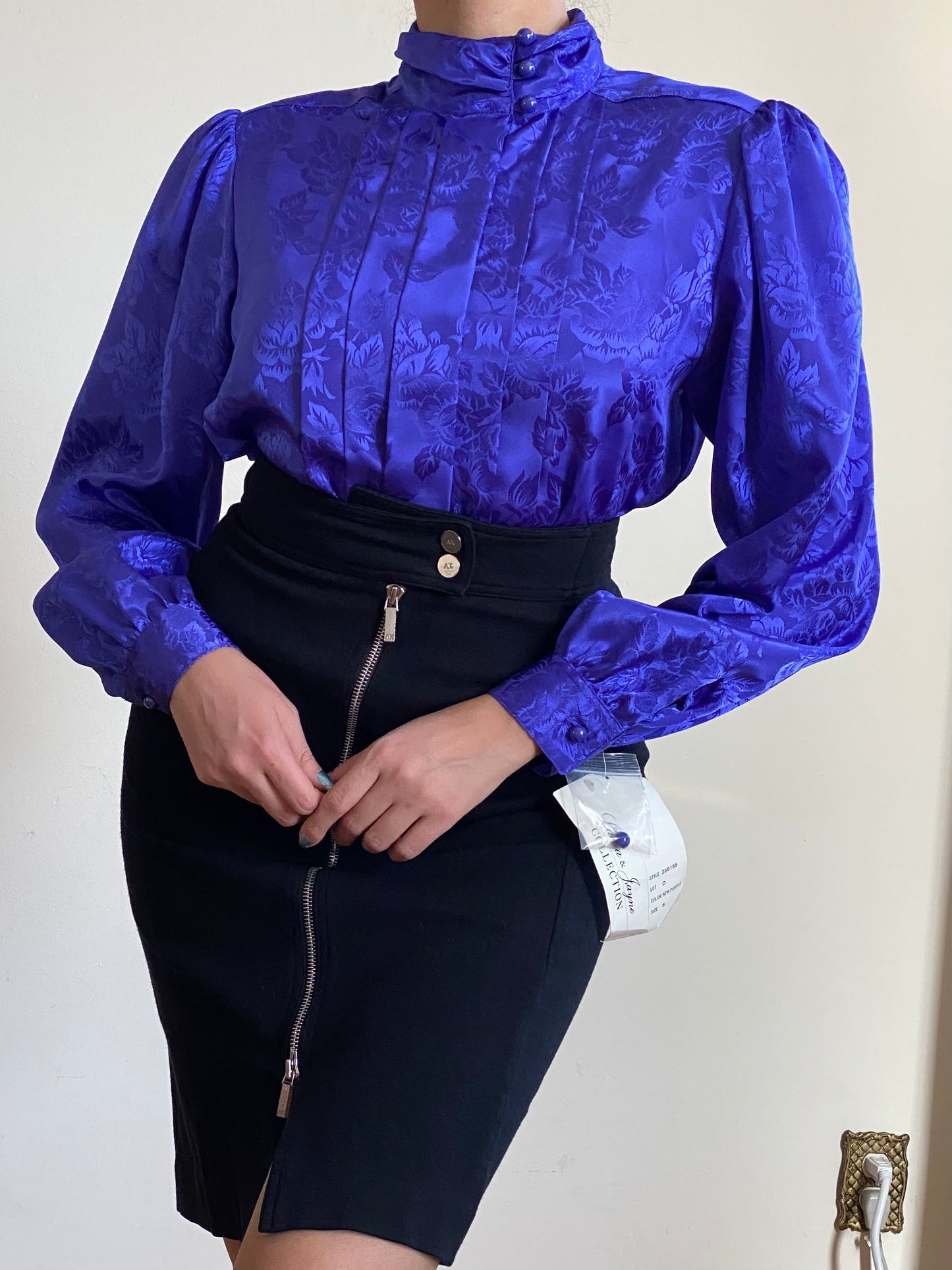 80's NOS HIGH MOCK NECK BUTTON UP FLORAL BLOUSE (S)
