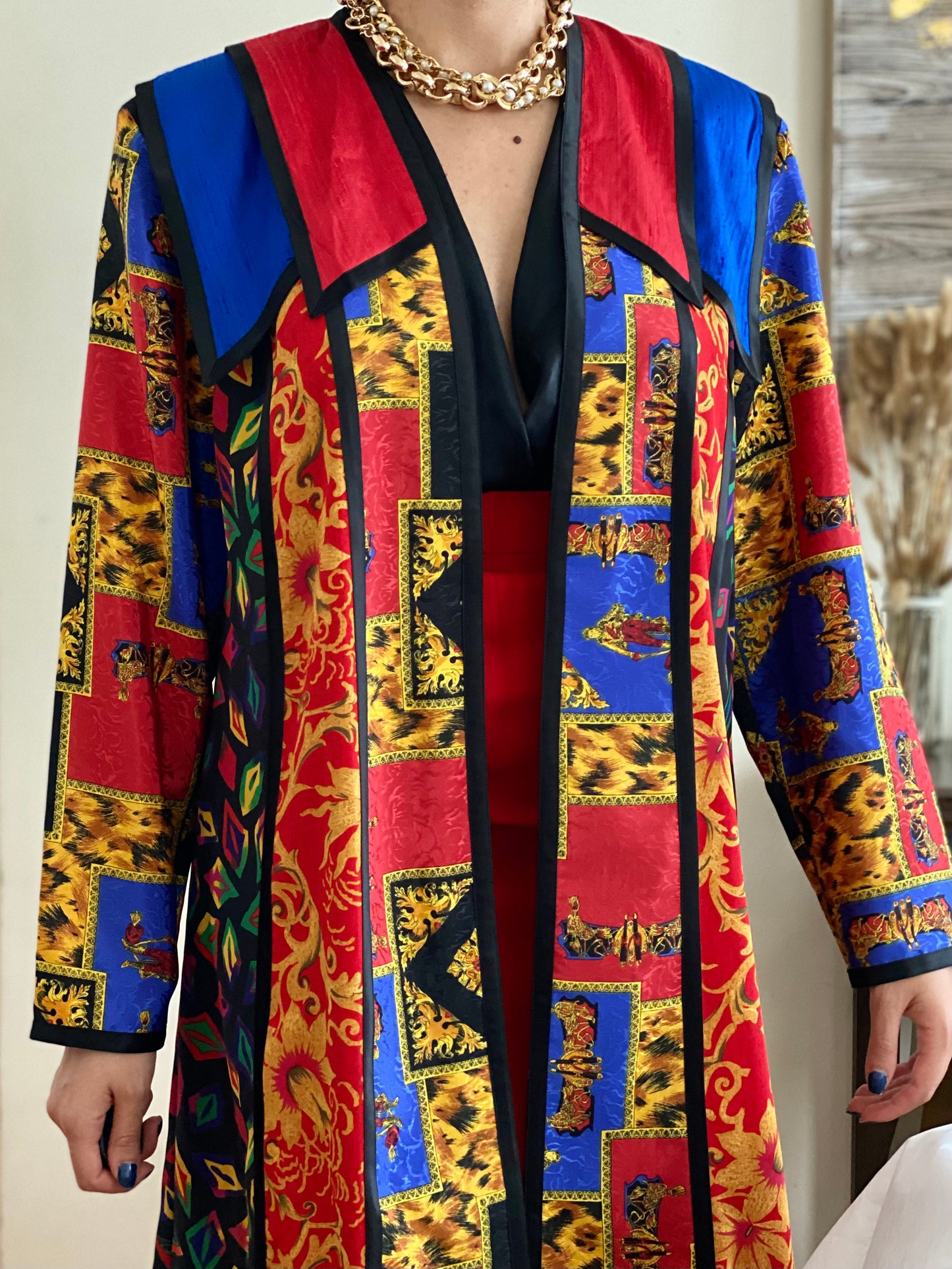 90's Brocade/Royal Pattern Open Front Jacket (S)