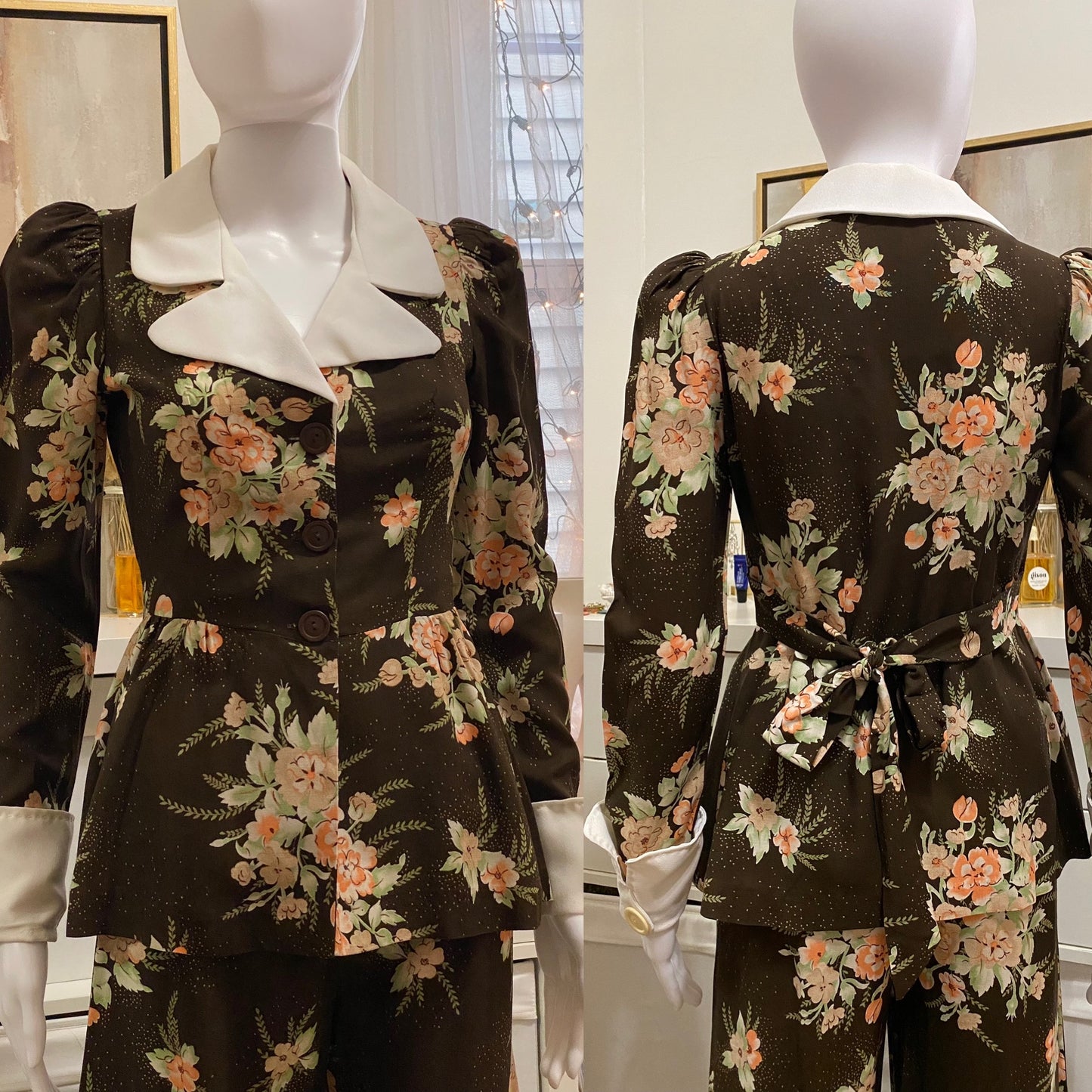 70's does 40's Floral 2Pc Peplum, Palazzo Pantsuit (XS)