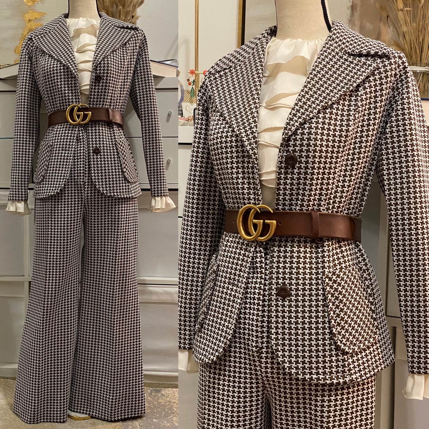 60's-70's Houndstooth 2PC High Rise Bell Bottom Pantsuit Petite (XXS-XS)