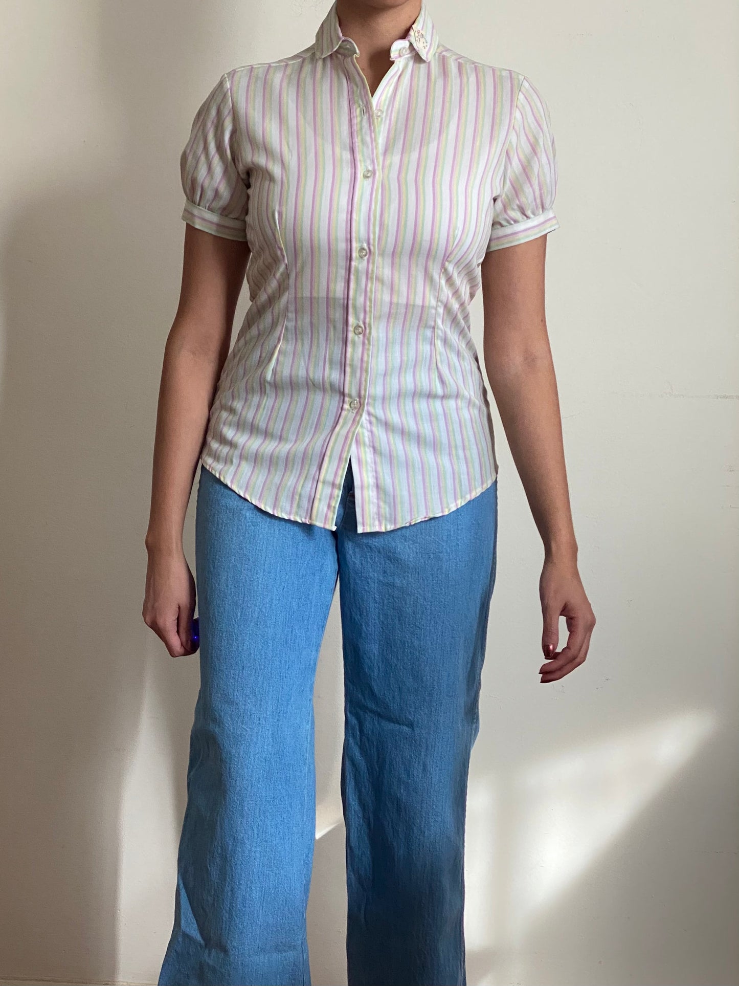 70's Striped Mini Puff Sleeve Top (XS)