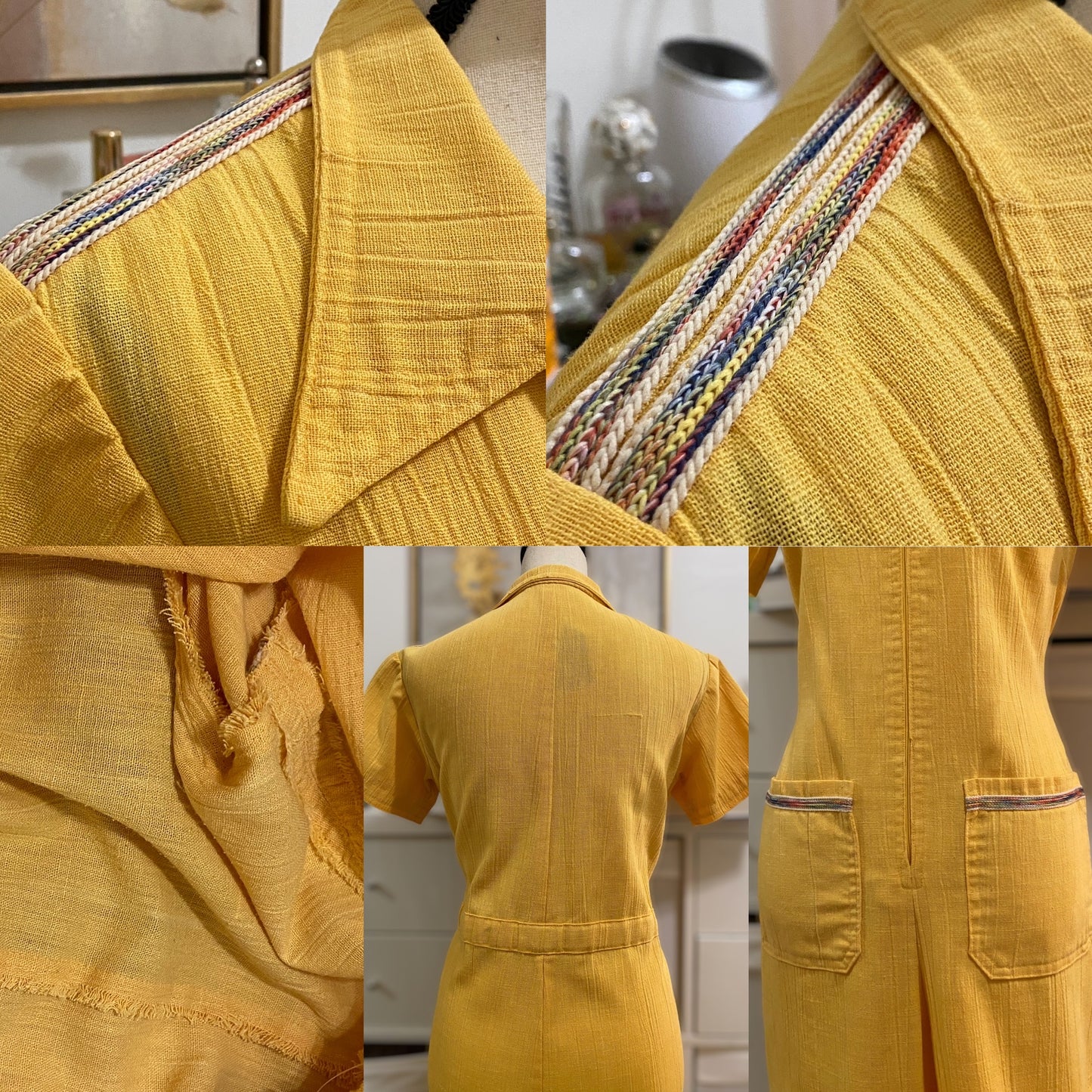 70s Crinkle Cotton Wide Leg Jumpsuit w/ Rainbow Trims (M-L, 36"W)