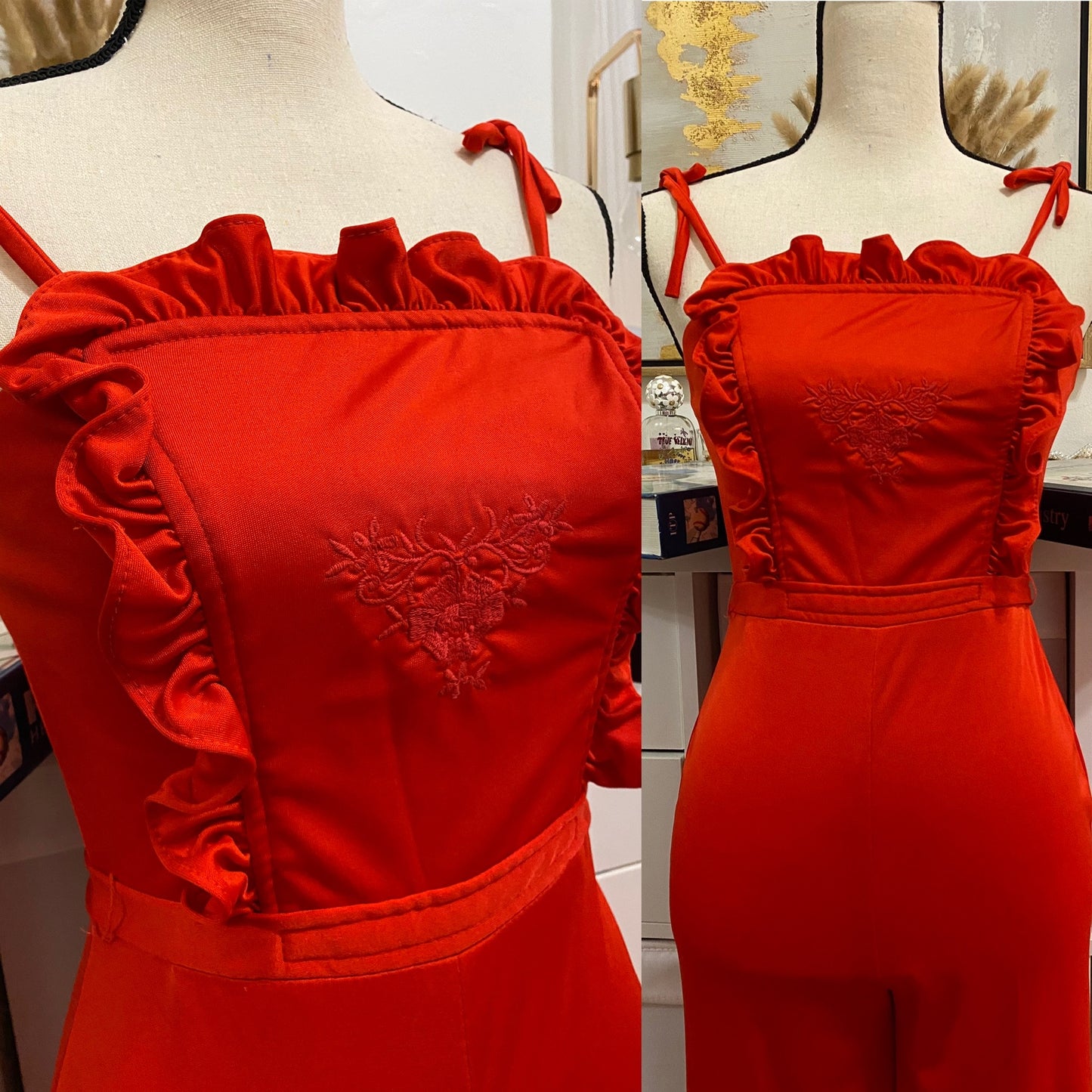 70's Red Pinafore Ruffle Wide Leg Jumpsuit (S-M)
