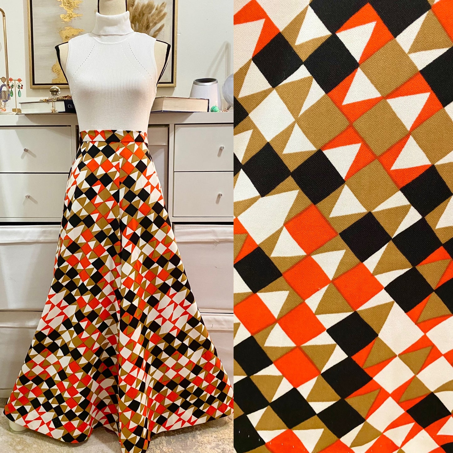 70's Multi-Color Groovy Geometric Palazzo/Elephant Ears Pants (L)