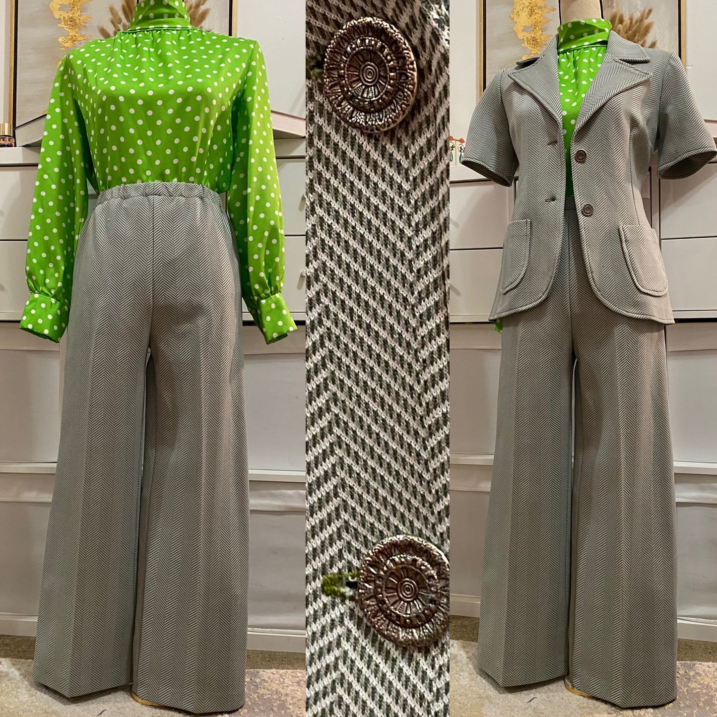 60s-70s Green Striped 2pc Pantsuit - Jacket & Wide Leg Bottoms (XS-M) Petite