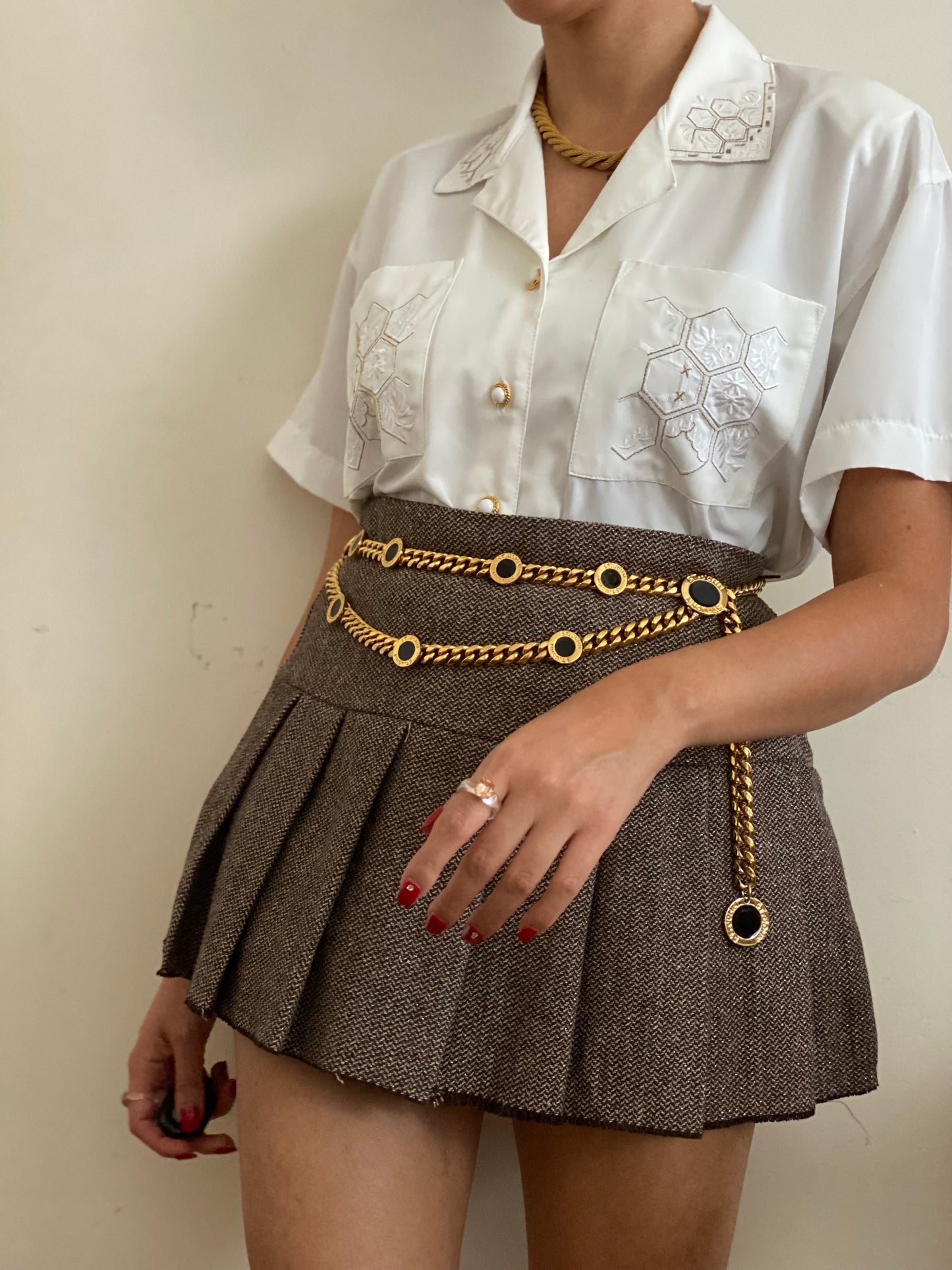 Floral Decorative White & Gold Button Down Blouse