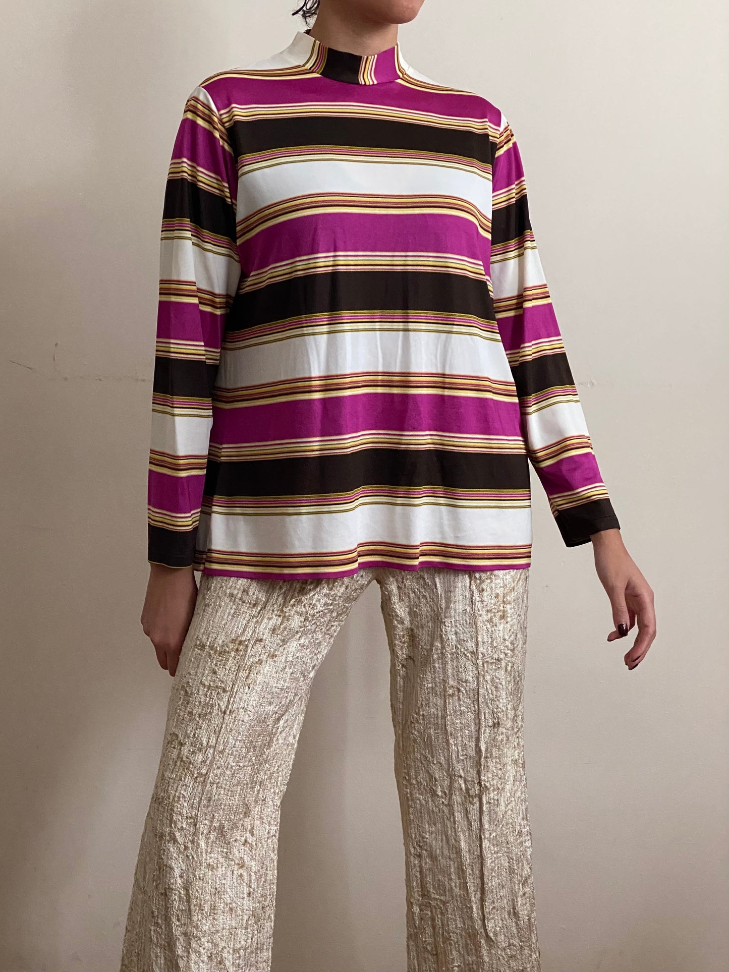 70's Striped Turtleneck Long Sleeve Top (M)