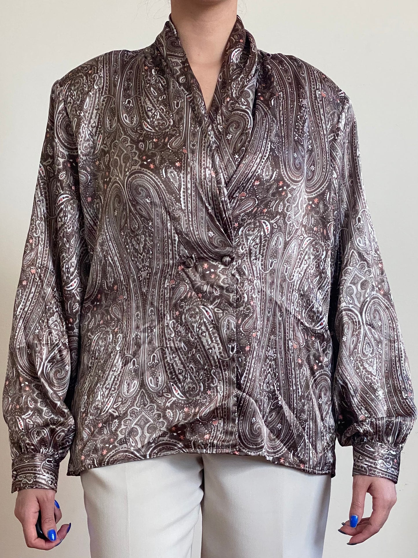 80'a Satin Draped V-Neck Abstract Blouse (M-L)