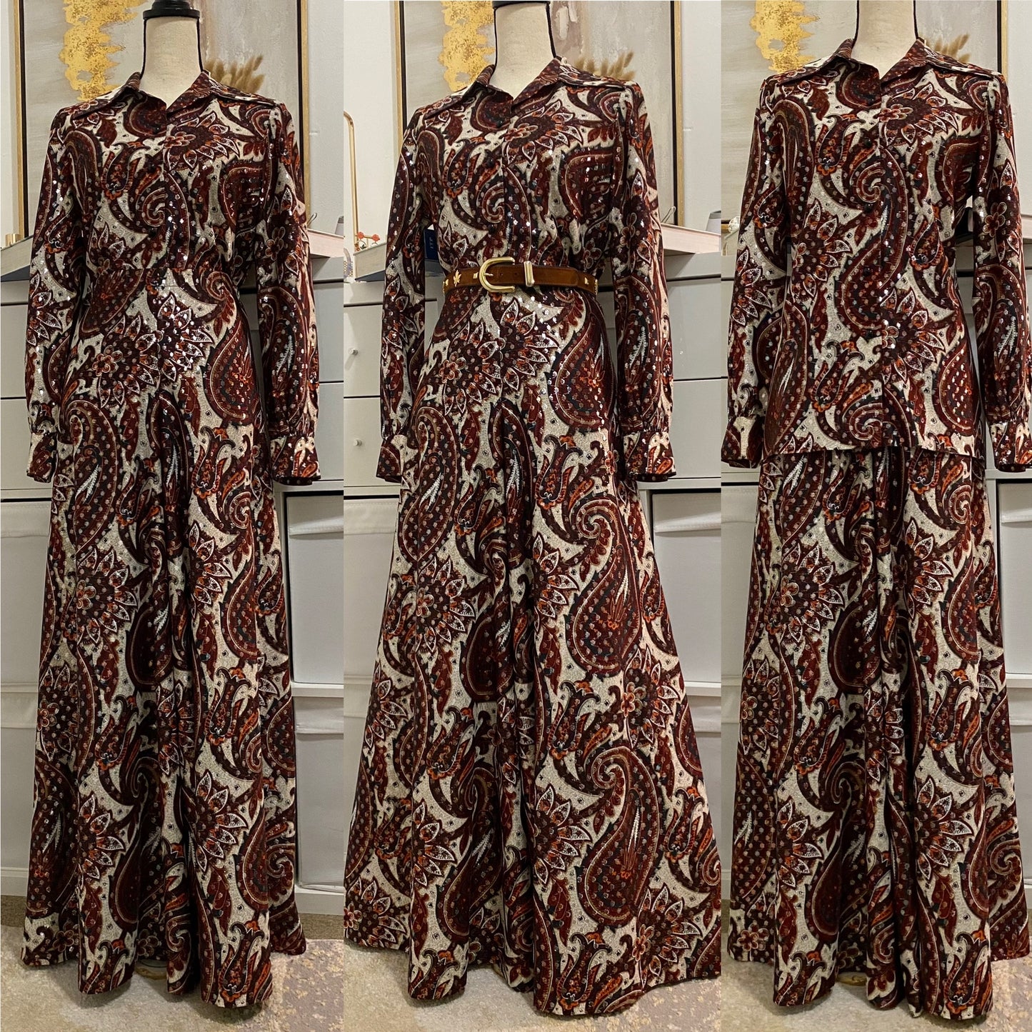 60's-70's 2pc Silver Lurex Paisley Palazzo Pantsuit (M-L)