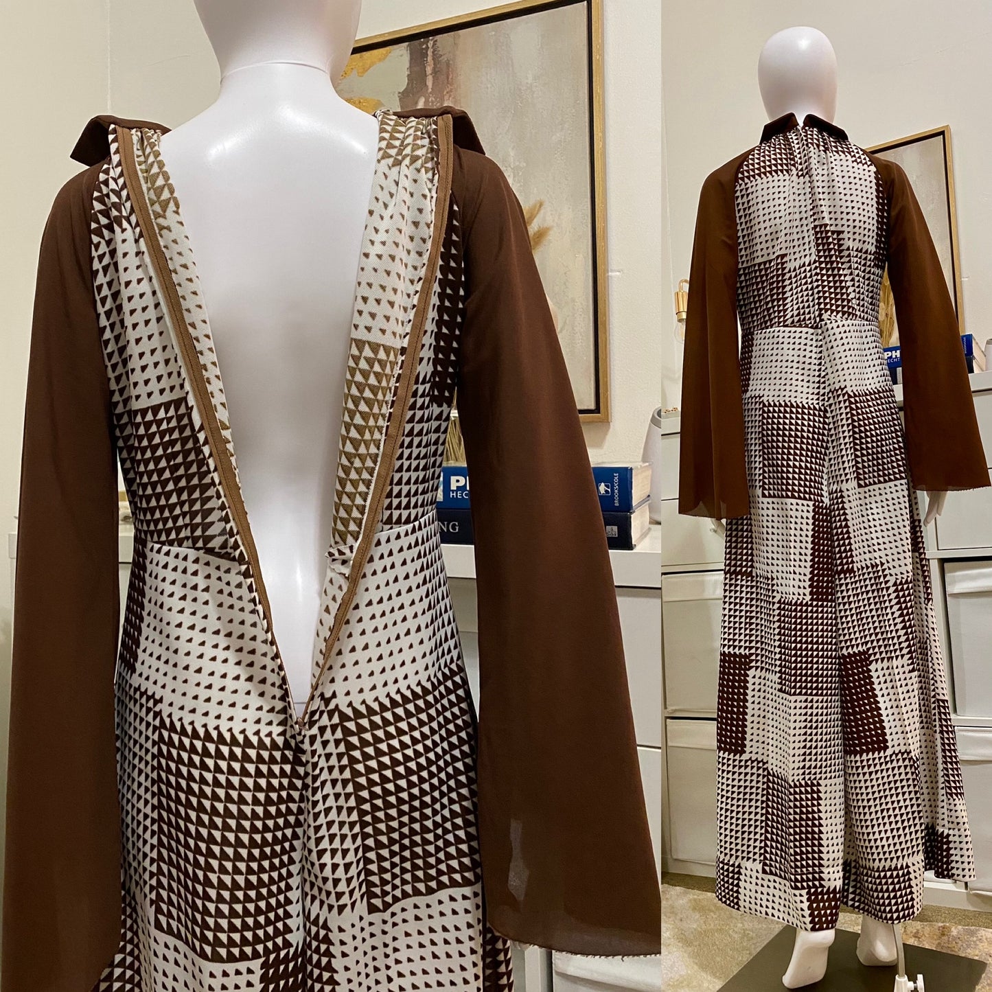 70's Brown Patchwork Mesh Bell Bottom Jumpsuit (M-L)