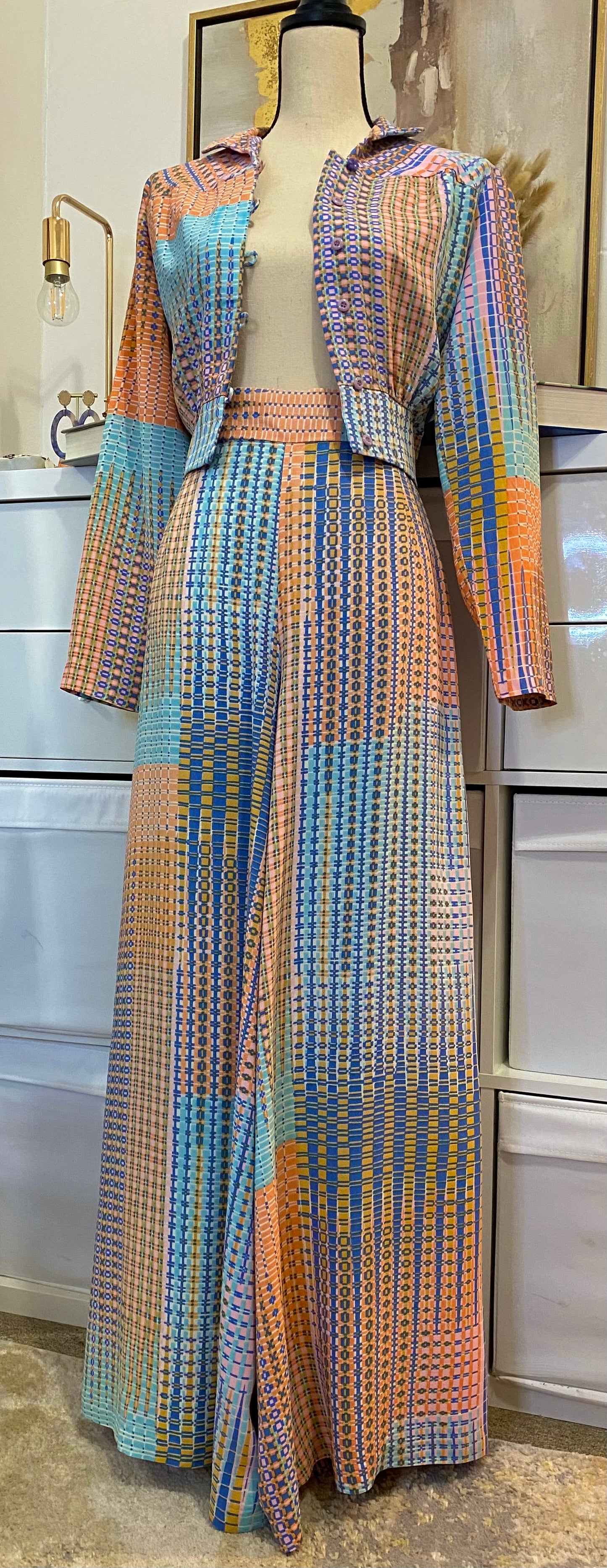 70's 2-Piece Set - Pastel Abstract - Bomber Jacket/Shirt & High Rise Palazzo Bottoms (M)