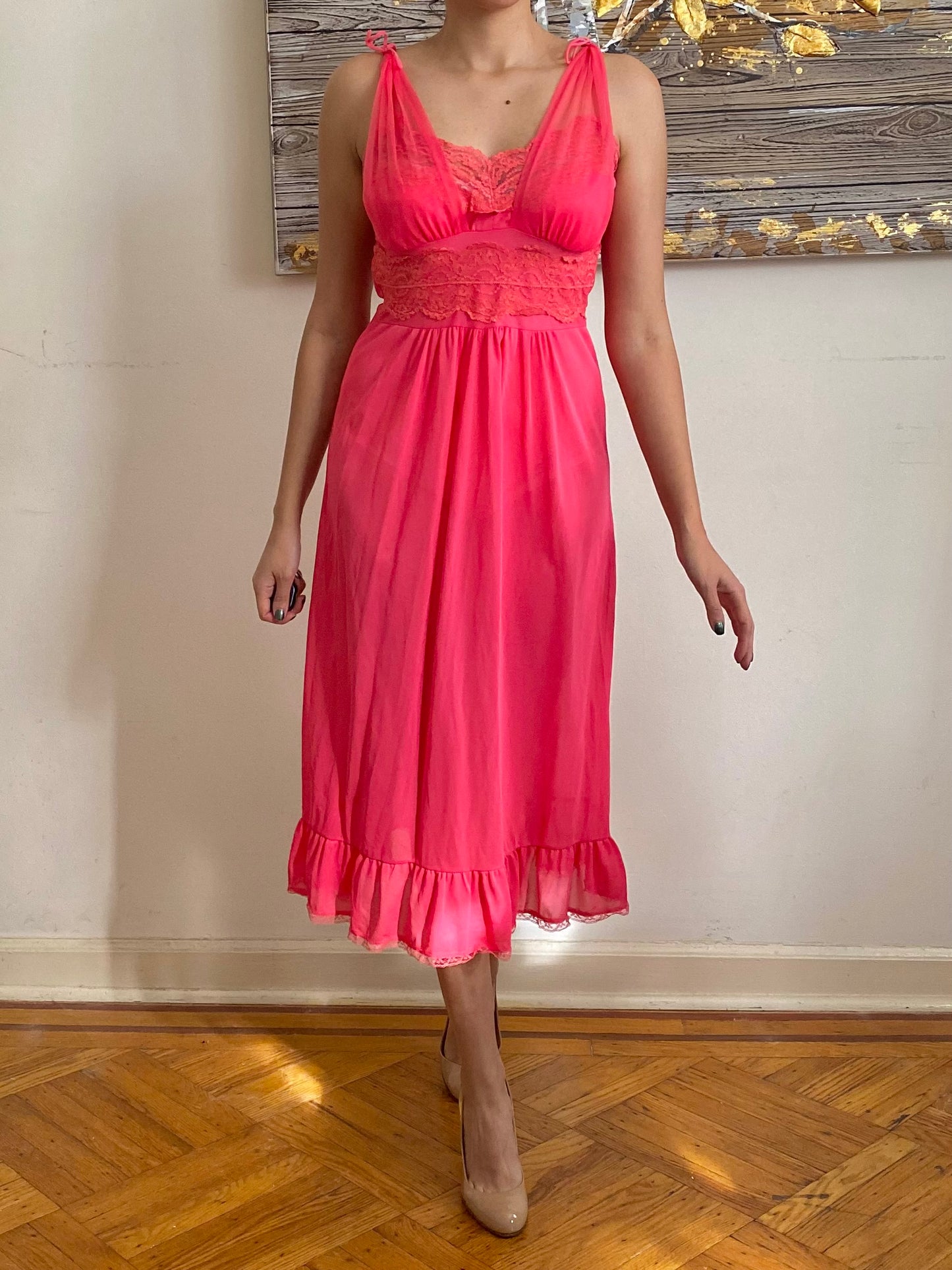 60's Pink Lace Full Slip Dress (S-34)