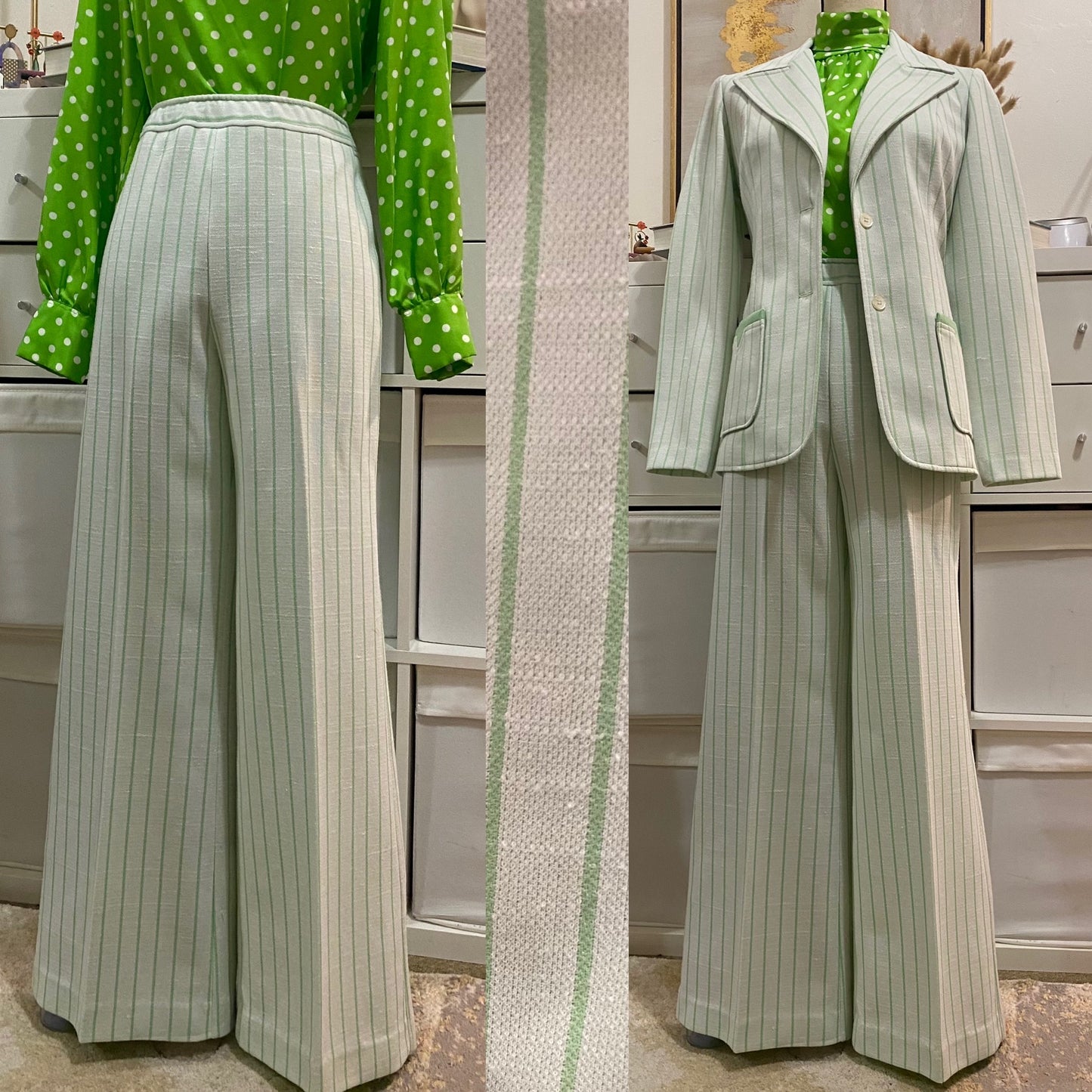 70's Mint Green Striped 2pc Wide Leg Pantsuit (S-M)