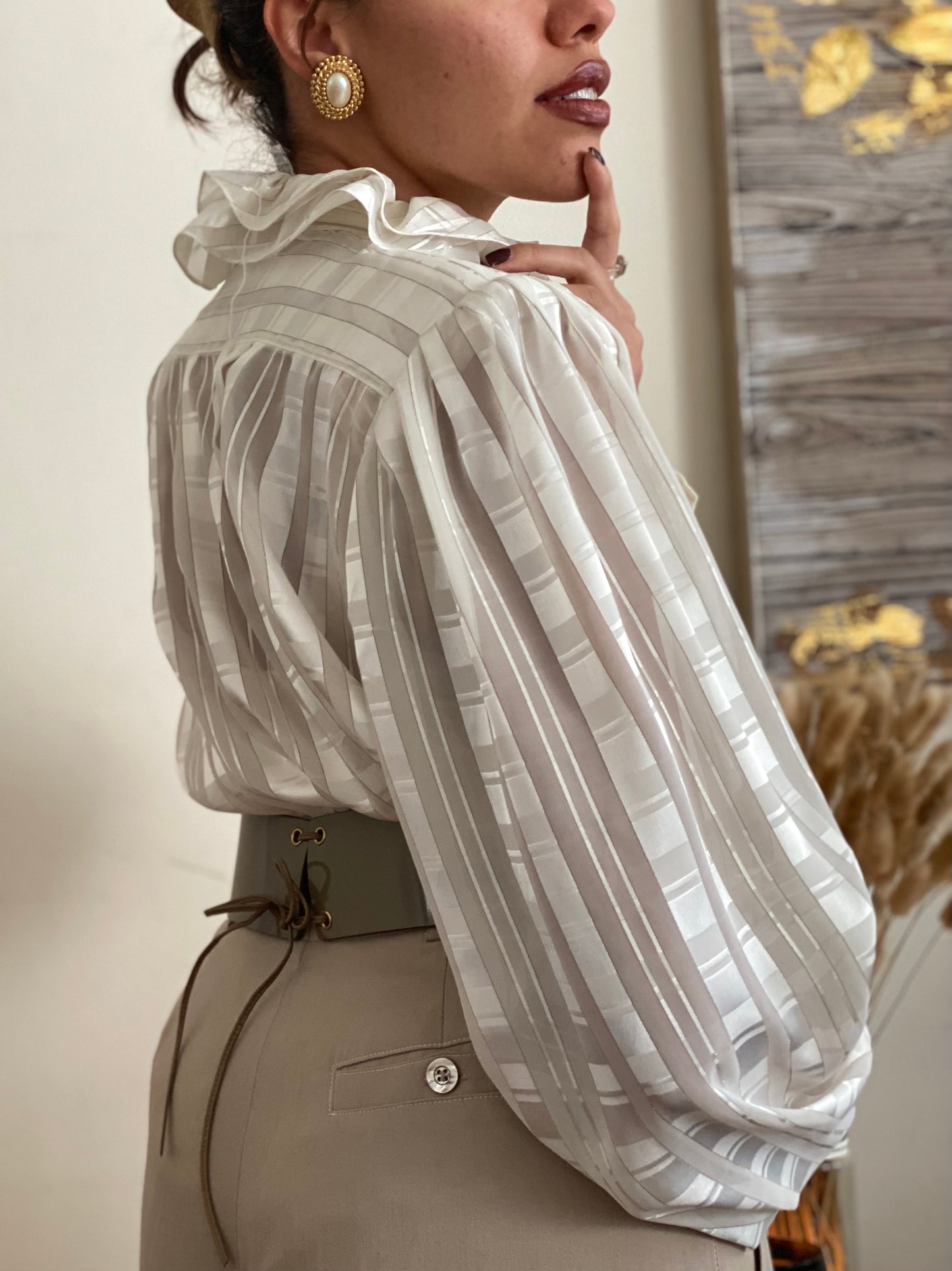 Elegant Ruffle high mock neck puffy Secretary Career Style blouse