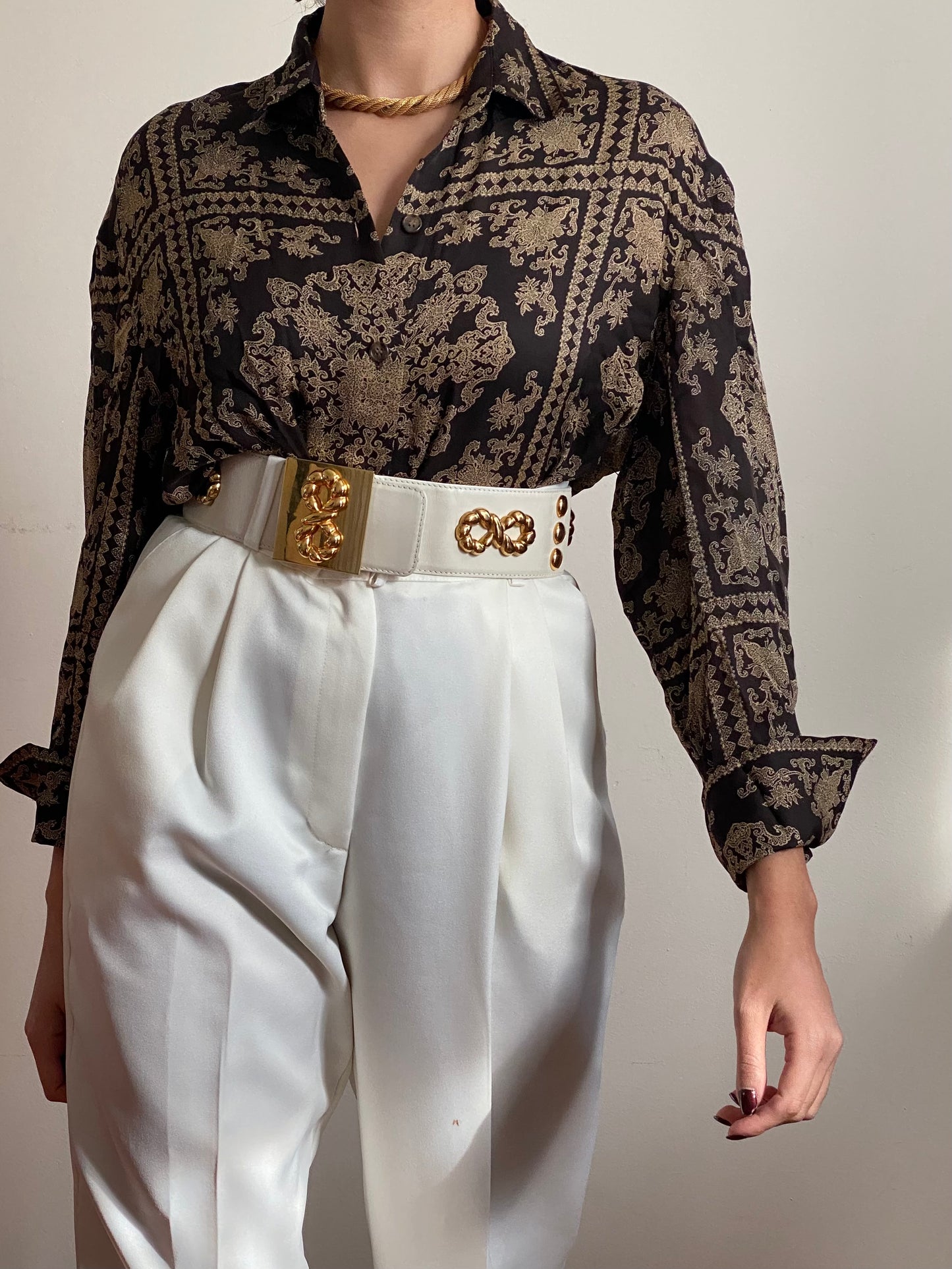 Y2K Silk Brown Abstract Long Sleeve Blouse (M)