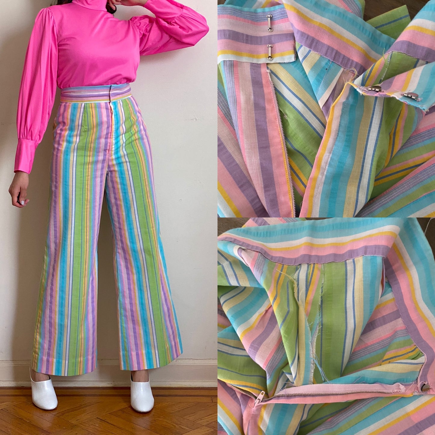 60s-70s High Rise Pastel Rainbow Bell Bottom Cotton Pants (S - 27"W)
