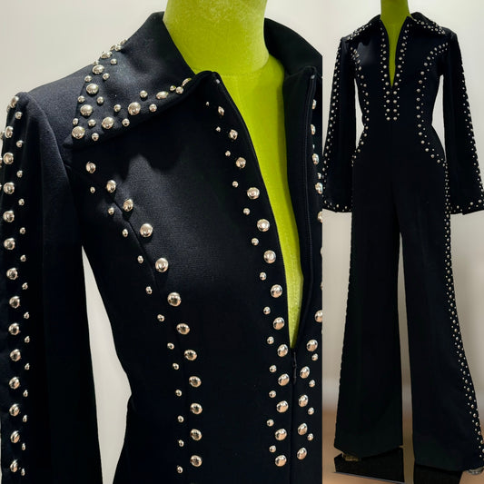 70s Studded Bell Bottom, Zipper Front Jumpsuit (XS, 25"-26" Waist)