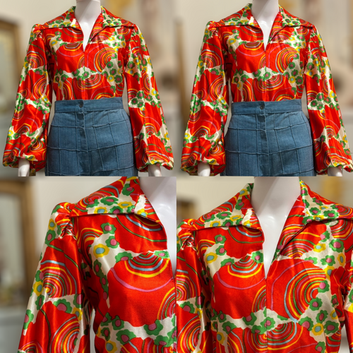 60s-70s Bishop Sleeves, Sheen Blouse (S-M, 36” bust)