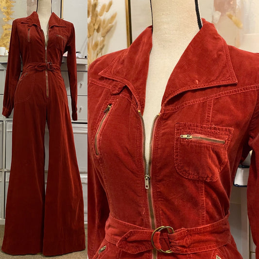 70s Corduroy, Zipper Front, Wide Leg Jumpsuit (S-M, 26"-30" Waist)