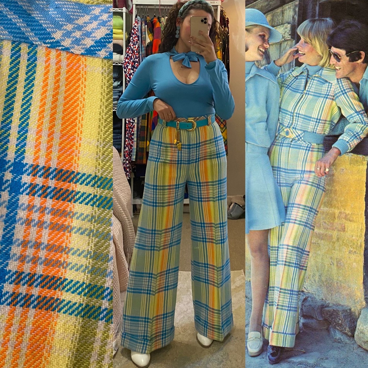 70s Multicolor Plaid High Waisted Bell Bottoms Pants (XS-S, 26” Waist)