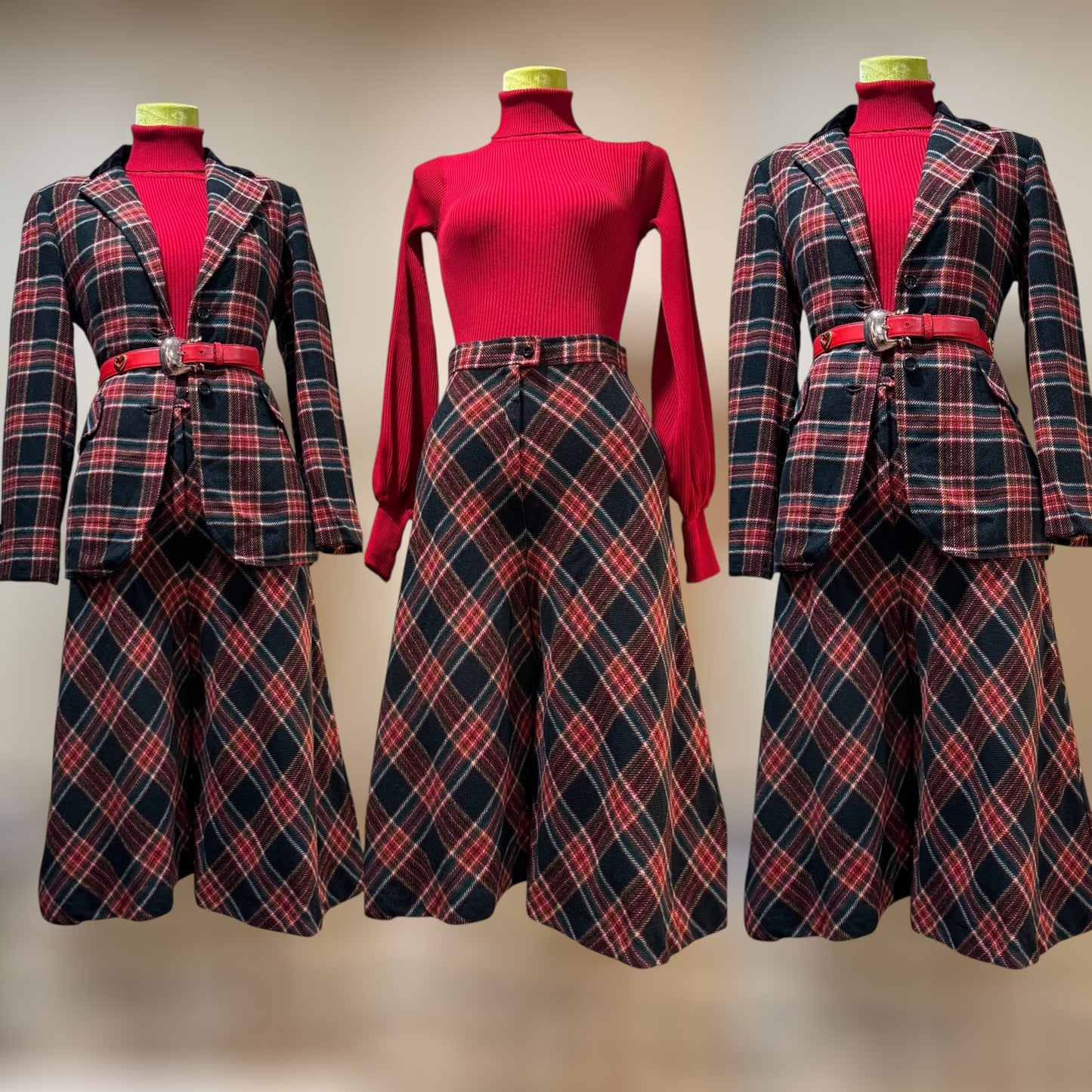 70s 2-Piece Red & Green Culotte Plaid Set (S, 26" Waist)