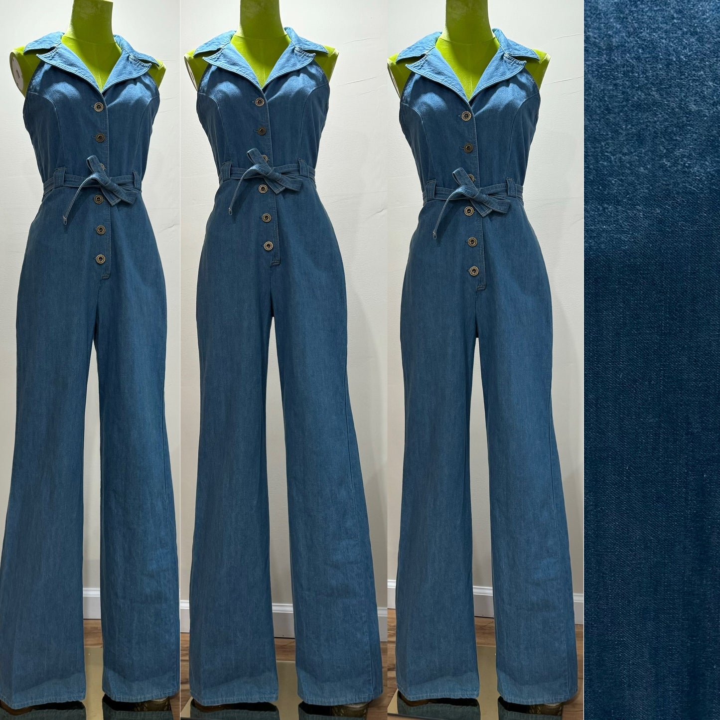 70s Halter Style, Wide Leg Denim Jumpsuit (S, 28”-29”Waist)