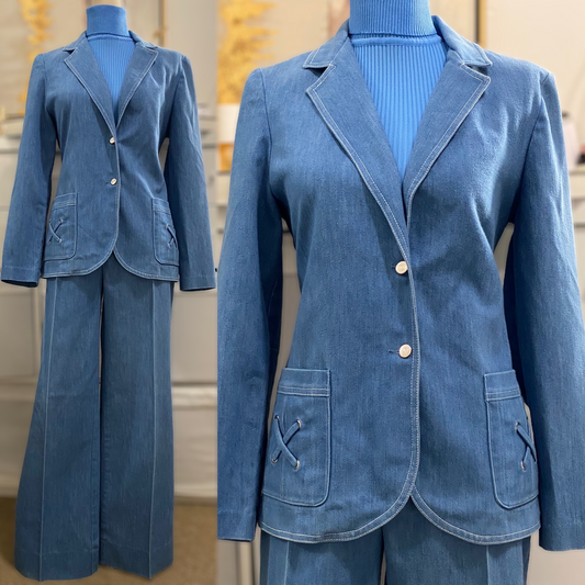 70s 2Pc Light Denim Look Flared Pantsuit (M, 28”-29” Waist)