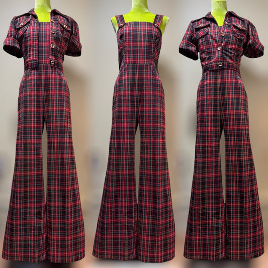 70s 2-Piece Red & Green Plaid Jumpsuit Set with Bolero Jacket (M, 28" Waist)