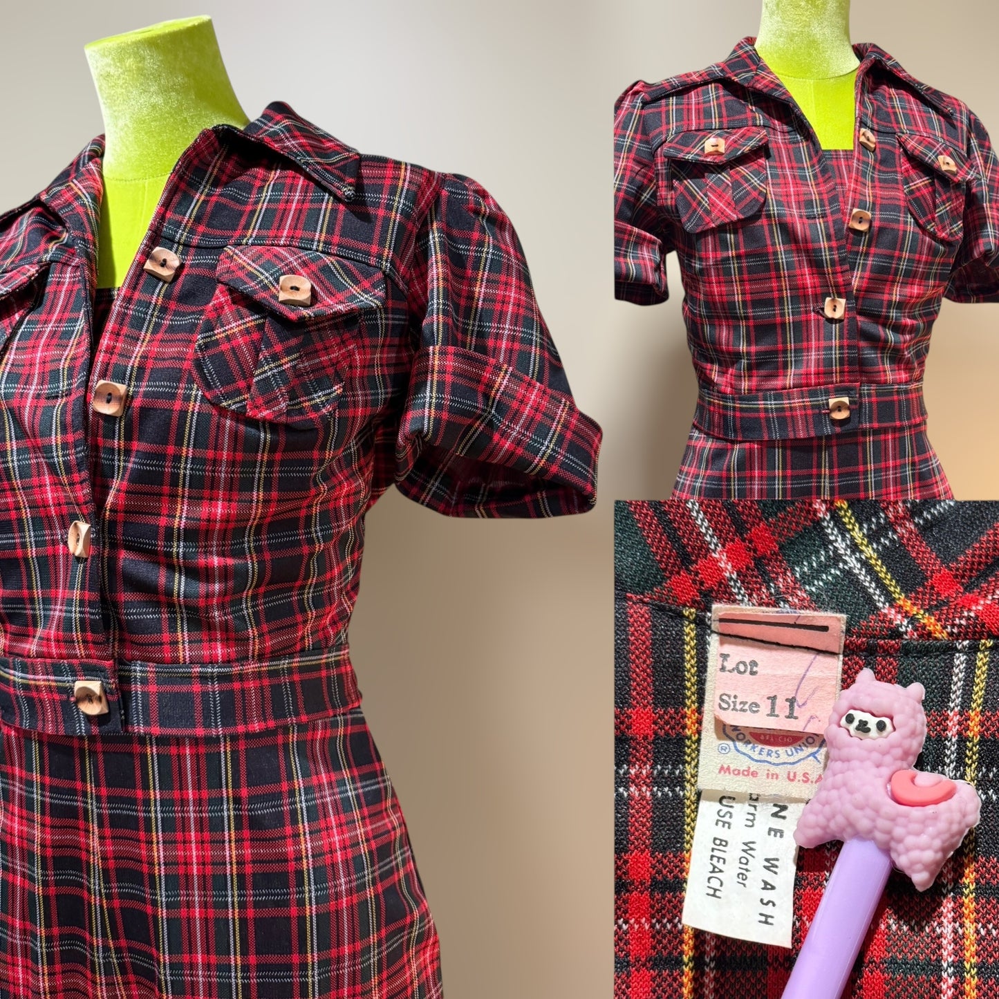 70s 2-Piece Red & Green Plaid Jumpsuit Set with Bolero Jacket (M, 28" Waist)