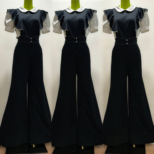 70s Swiss Dot, Puffy Sleeve Bell Bottom Jumpsuit (M, 28”-29” waist