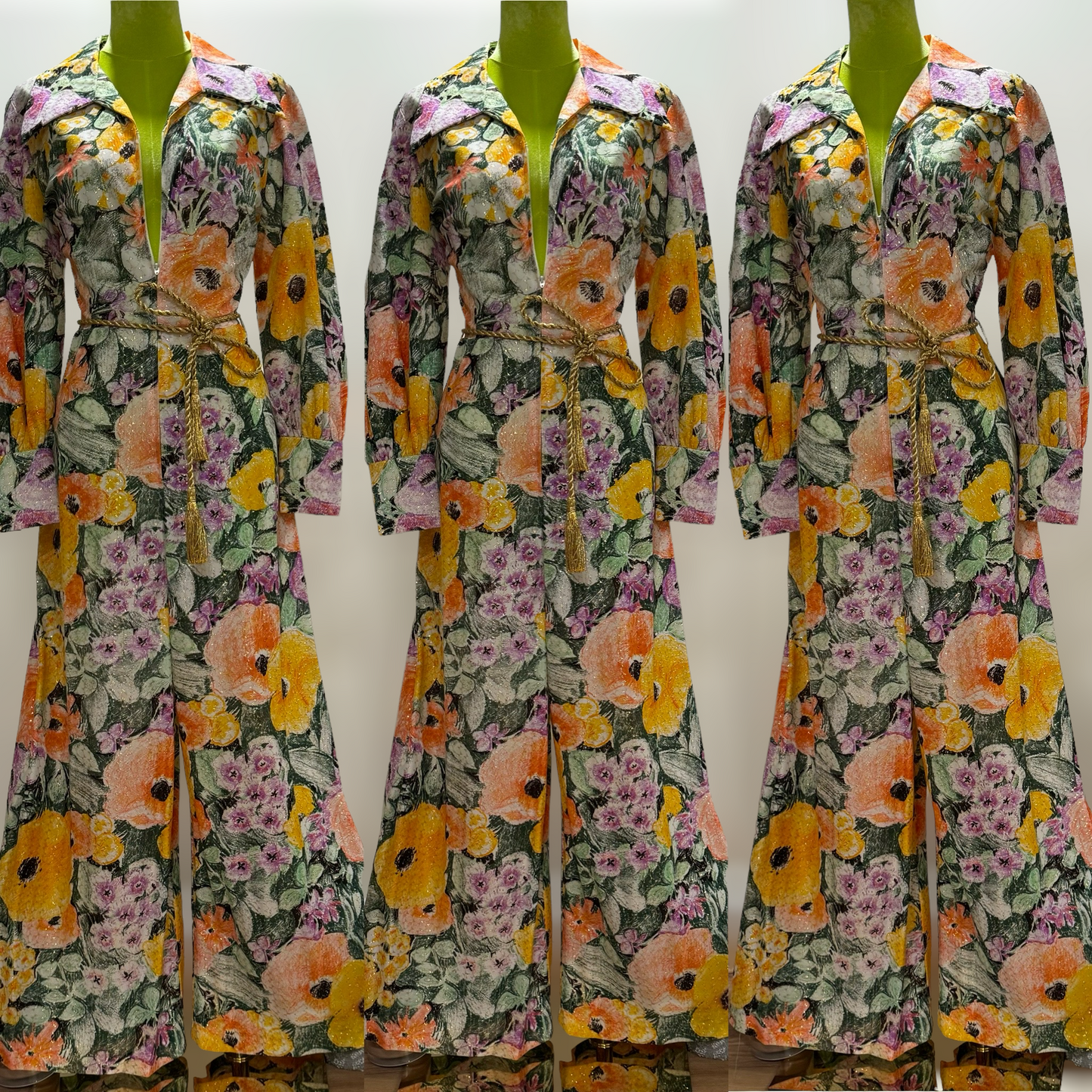 60s-70s 2pc Floral Lurex Wide Leg Jumpsuit with Golden Rope Belt (M, 29"-30" Waist)