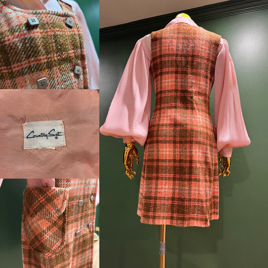 60s-70s Pink Plaid Pinafore Dress (XS-Small)